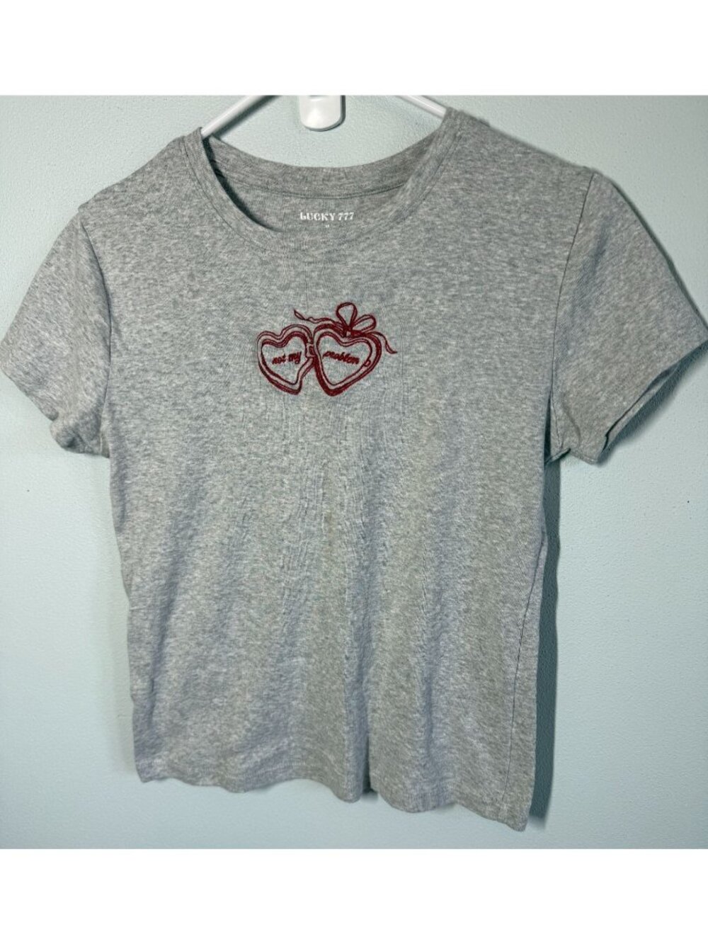 Lucky 777 Womens Medium Gray‎ T-Shirt Cropped Heart Embroidery Short Sleeve Tee